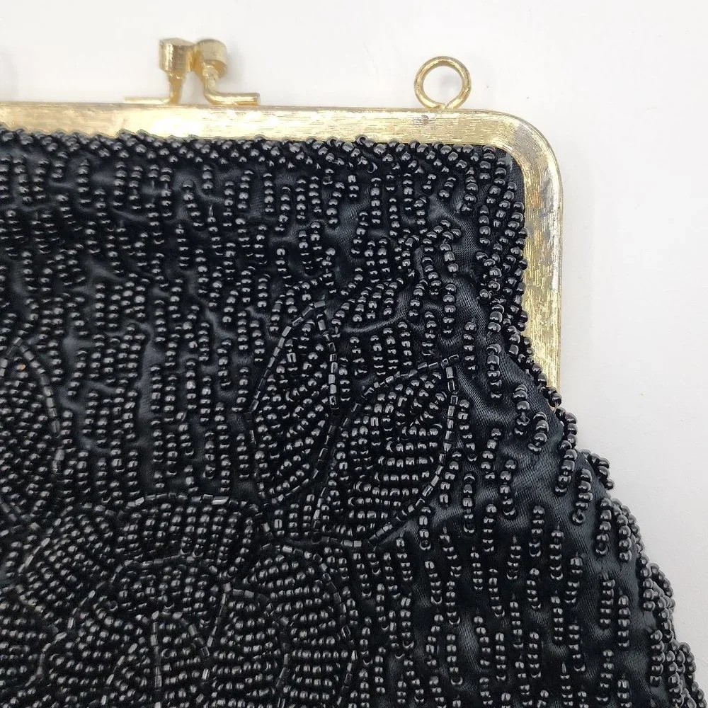Vintage La Regale Women's Beaded Black Cocktail Party Clutch No Shoulder Chain